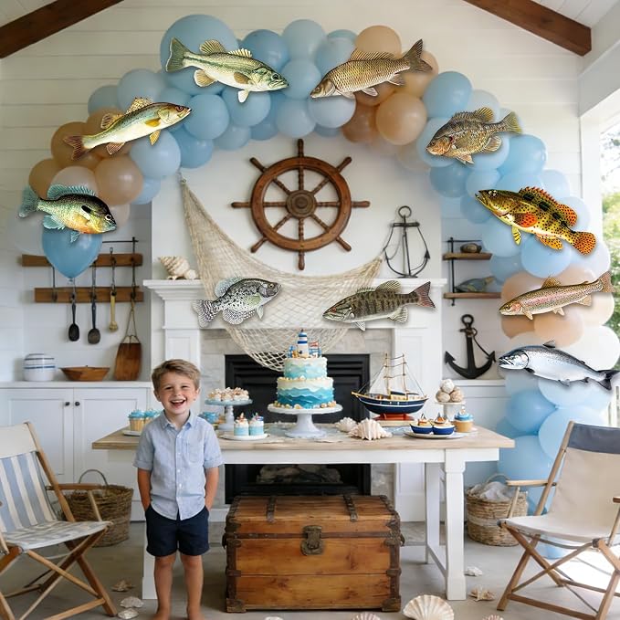 Gone Fishing Party Decorations Kit with Large Fishing Net & 10 Fake Fish Cutouts, Under The Sea Theme Wall Table Fish Decor for Avid Fisherman Birthday First Year Ocean Animal Photo Backdrop Supplies