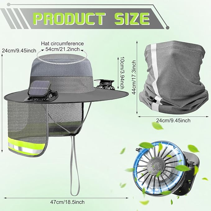 Solar Hat with Fans, Wide Brim Cooling Sun Hat with Removable Dual Fans USB Charging Neck Cover for Outdoor Fishing