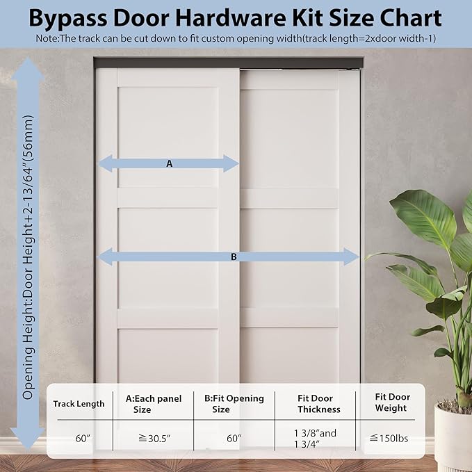 Sdstone Heavy Duty Bypass Door Hardware 60"/5FT,Aluminum Sliding Closet Door Track Hardware for Cabinet Closet, Pocket Door Track Rail Set for 2 Door System,Smoothly and Quietly,Black