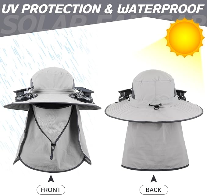 Glitopper 2 Pcs Solar Fan Hat with 2 Fan Wide Brim Removable Face Cover Cooling Fishing Buckets Hats