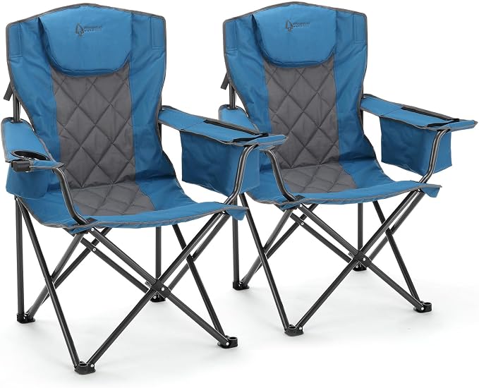ARROWHEAD OUTDOOR 2-Pack Portable Deluxe Folding Camp Quad Chair w/Headrest, Glass & Cup Holders, Armest 6-can Cooler, Heavy Duty Carry Bag, 550 lbs Weight Capacity