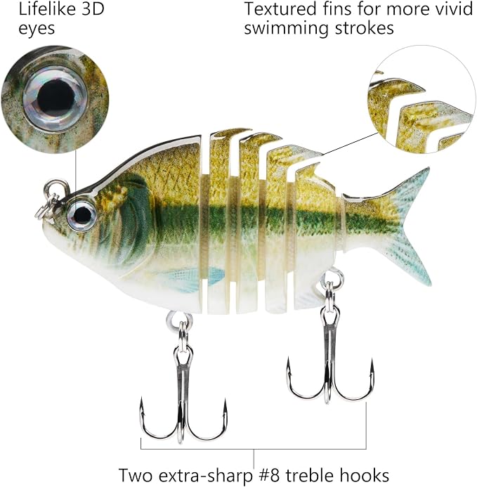 Bassdash SwimPanfish 0.34oz Hard Swimbaits Multi Jointed Topwater Trout Bass Fishing Crank Lure for Freshwater and Saltwater