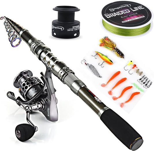 Sougayilang Telescopic Fishing Rod Reel Combos with Carbon Fiber Fishing Pole Spinning Reels and Fishing Accessories
