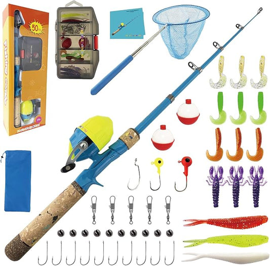 Kids Rod Set, Kids Fishing Rod and Reel Combo and Fishing Net Tackle Box with Fishing Lure Hook and Bag for Girls Beginners, Kids, Youth Anglers