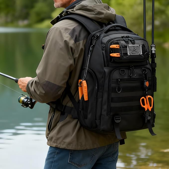 50L Fishing Tackle Backpack with Removable Lure Wraps,2 Rod Holders Storage Fishing Gear and Equipment