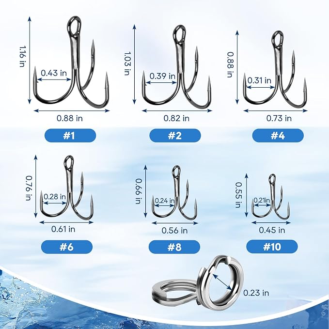 UCEC Fishing Hooks Treble Hooks Kit for Saltwater Freshwater, High Carbon Steel Strong Sharp Round Bend for Catfish Trout Hard Baits Lures, Size #1#2#4#6#8#10#12#14 110/50/210 Pack with Split Rings