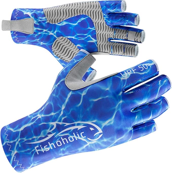 Fishoholic UPF50+ Fingerless Fishing Gloves - Sticky Grip Sun Protection Glove - Kayaking Paddling or Rowing