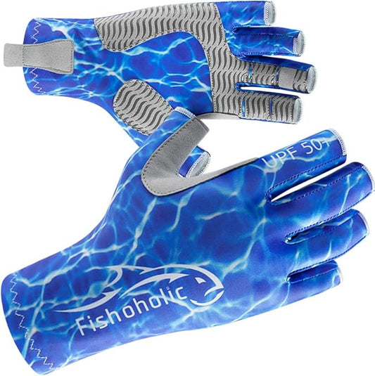 Fishoholic UPF50+ Fingerless Fishing Gloves - Sticky Grip Sun Protection Glove - Kayaking Paddling or Rowing