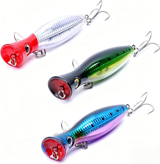 Popper Fishing Lure Set, 3 PCS Topwater Popper Lures 3D Eyes Fishing Accessories for Saltwater Surface Casting and Freshwater Fishing Gt Tuna Kingfish Large Predator Fish (5.11in, 1.48Oz)