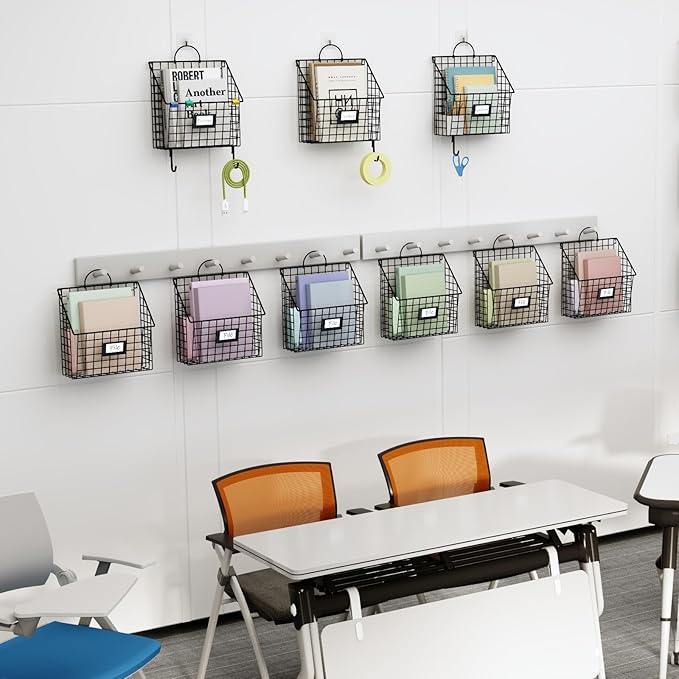 Hanging Wall File Holder Organizer Metal Wall Mount File Folders Holder Magazine Rack with Handles and Hooks , for Home Office, 4 Packs, Black (Patent Pending)