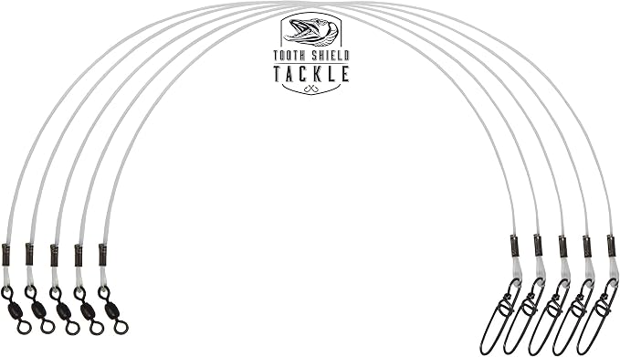 5 Pack 60 lb. Premium Fluorocarbon Tooth Shield Tackle Musky Leader Muskie Pike Leader (Crane Swivel)