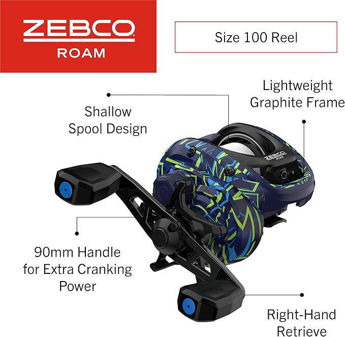 Zebco Roam Baitcast Reel and Fishing Rod Combo, 6-Foot 6-Inch 2-Piece Fiberglass Rod with Split-Grip MaxTac Rod Handle, Lightweight Graphite Frame