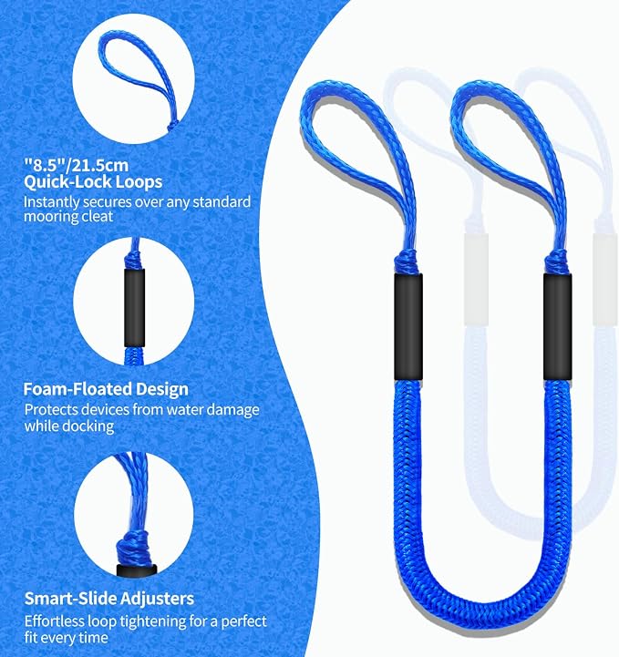 2-Pack Bungee Dock Lines for Boats with Loops, Boat Tie Downs for Docking, Adjustable Boat Mooring Rope for Pontoon, Jon Boat & PWC (Blue, 4 FT)