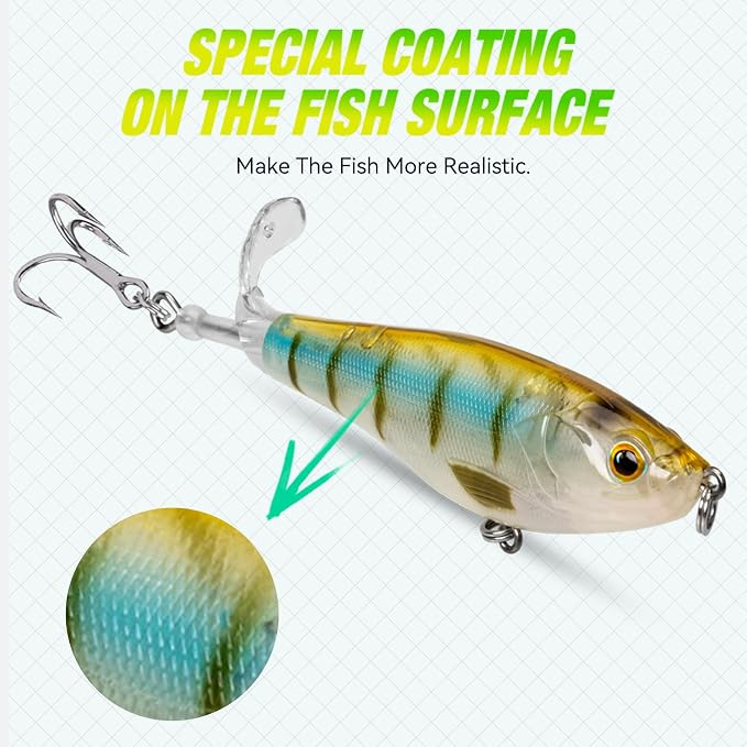 KINGDOM 3PCS Topwater Fishing Lures for Bass Whopper Popper Fishing Lure for Bass Catfish Pike Perch Floating Pencil Bait with Propeller Tail Freshwater/Saltwater