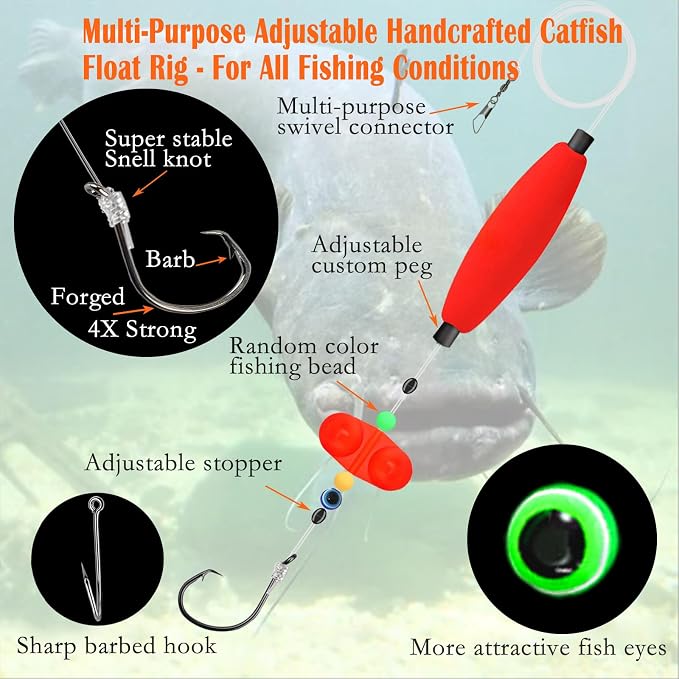 Catfish Rigs & Santee Rig Kit – 6pcs Pre-Tied Catfish Float Rigs with 5/0 6/0 7/0 Circle Hooks, Peg Floats – Heavy Duty Catfishing Tackle for Bank, Drift, or Bottom Fishing