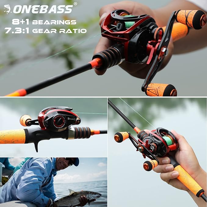 One Bass Fishing Rod and Reel Combo, Medium Fast Baitcasting Combo, 24-Ton Carbon Fiber 2 Pieces Fishing Poles with Baitcaster Reel Super Polymer Handle