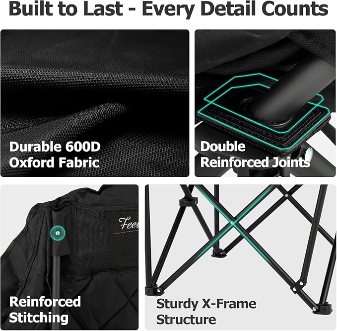 Overmont Oversized XL Camping Chair for Adults - 500lbs Support Heavy-Duty Padded Folding Chair with Side Pocket Cup Holder Cooling Bag for Outdoor Sports Garden Beach Fishing Lawn Black