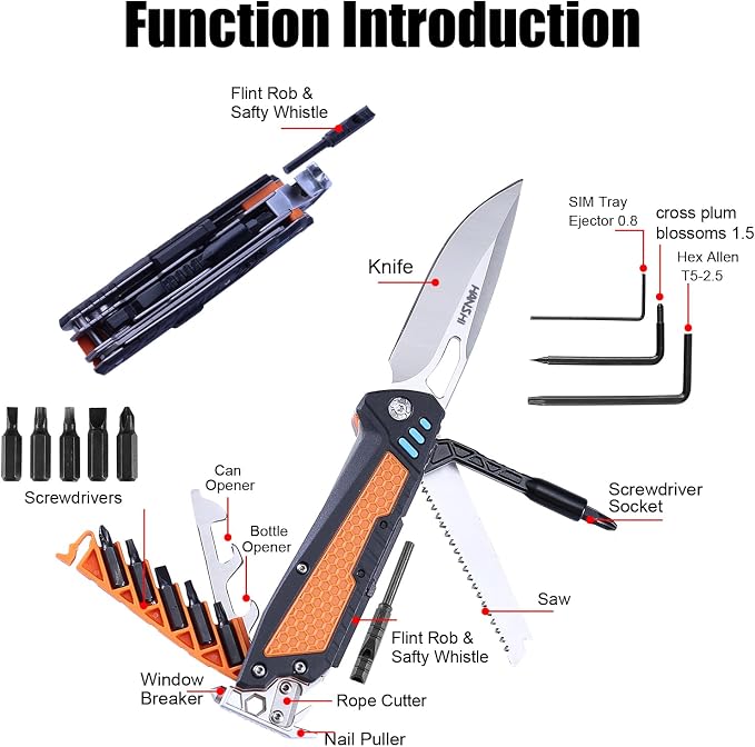 HANSHI 13 in 1 Multitool Knife with Nylon Sheath for Camping,Hiking,Survival,Outdoor Multi Tool Pocket Knife with Window Breaker,Birthday Christmas Valentine's Day Gift for Dad Mens Boyfriend(Black)