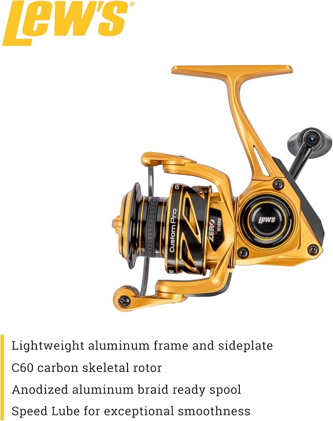 Lew’s Custom Pro 200 Spinning Reel, Size 200 Reel, 10+1 Bearings, 6.2:1 Gear Ratio, Aluminum Frame and Sideplate, Aluminum Speed Gears