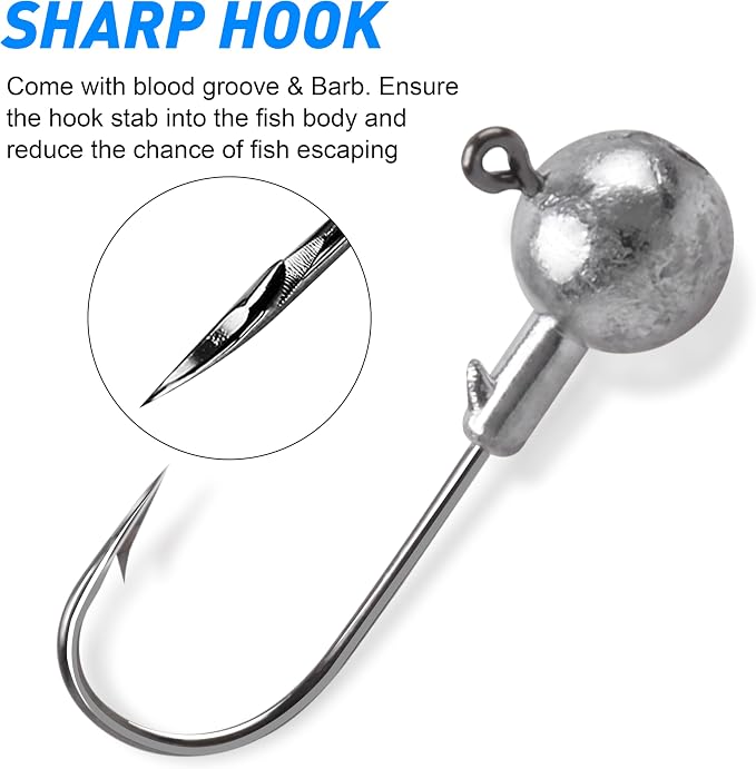 Jig Heads Fishing Hooks Crappie Jigs Unpainted Jig Heads Round Ball Sharp Fishing Jigs Hooks for Bass Trout Crappie Walleye Saltwater Freshwater