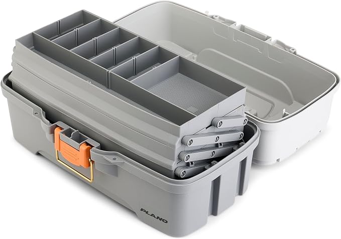 Plano Three-Tray Tackle Box, Light Grey/Dark Grey, Rust-Proof Brass Latch, Top-Access Tray with Deep Storage, Made in the USA, Portable Fishing Gear Storage Organizer