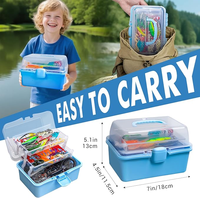 315PCS Portable Fishing Lures Tackle Box with Pliers & Hook Remover, 3-Tier Compact Organizer, Crankbaits/Swivels/Soft Baits, All-in-One Gear for Freshwater Saltwater