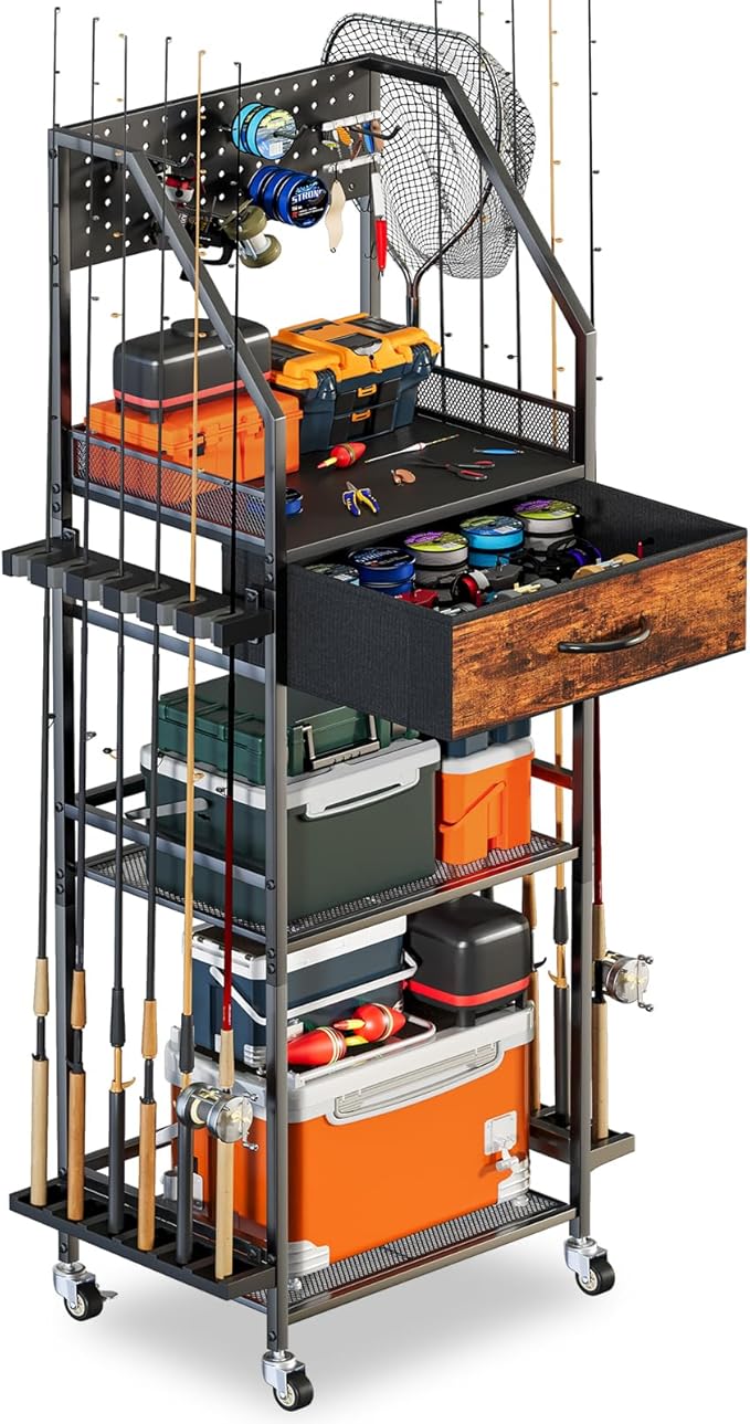 Fishing Rod Holder Organizer with Fabric Drawer & Pegboard, Space-Saving Garage Storage for 12 Rods, Reels, Tackle Boxes, Portable Fishing Gear Cart for Easy Access & Mobility