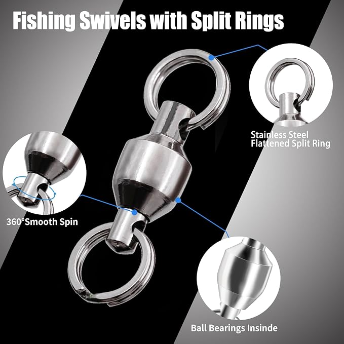 FishTrip Fishing Swivels with Split Rings, 25/50pcs Ball Bearing Swivel Speed Clips Stainless Quick Change Connector for Saltwater