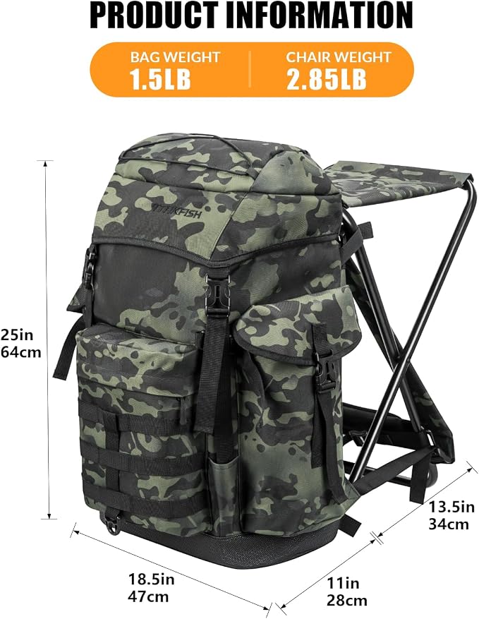 THKFISH Fishing Hunting Backpack Chair with Rod Holder, 35L Large Capacity Storage Tackle Box Foldable Backpack Stool for Adults Fishings, Camping and Hunting