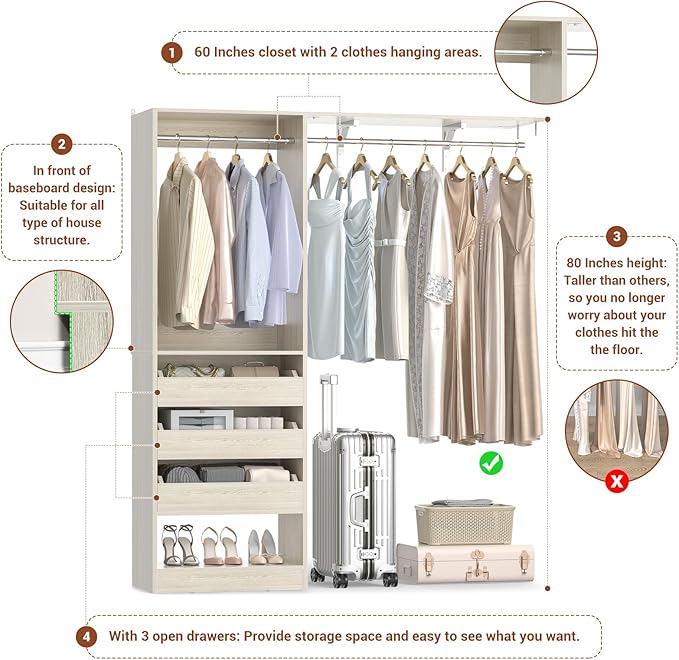 60" Wide x 80" Tall Closet System with 3 Half-Open Wooden Drawers, 5FT Closet Organizer System with 2 Hanging Rods & Removable Tower, Freestanding Wardrobe Organizer for Walk-in Bedroom, White Oak