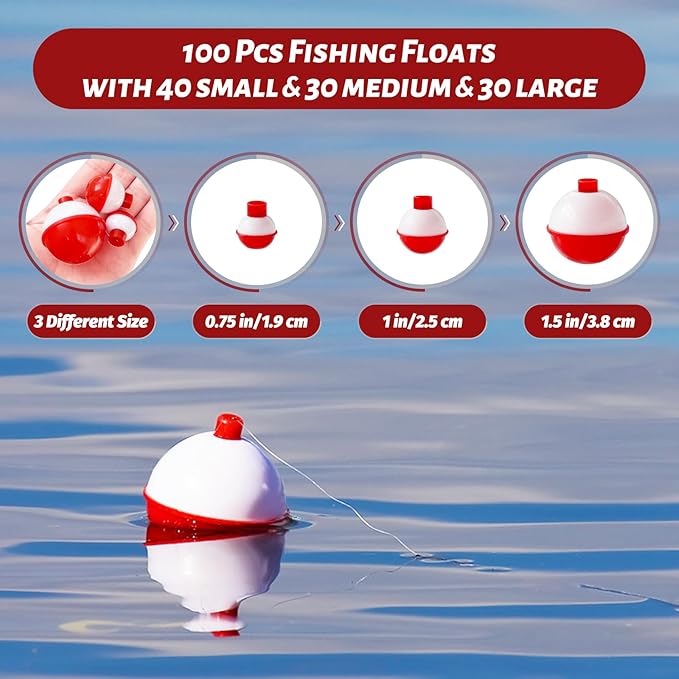 Woozettn 100 Pcs Fishing Float,Hard ABS Fishing Bobbers,Red and White Bobbers,Push Button Round Buoy Floats for Fishing Tackle Accessories,0.75/1/1.5 Inch
