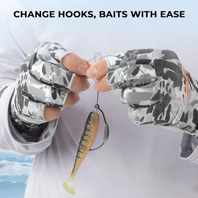KastKing Agies Fishing Gloves Men, UPF 50+ Sun Gloves UV Protection, Cooling Quick-Dry 3/4 Fingerless Gloves with Extended Cuff, Microfiber Palm & Pull Tabs, for Fishing, Kayaking, Hiking, Hunting