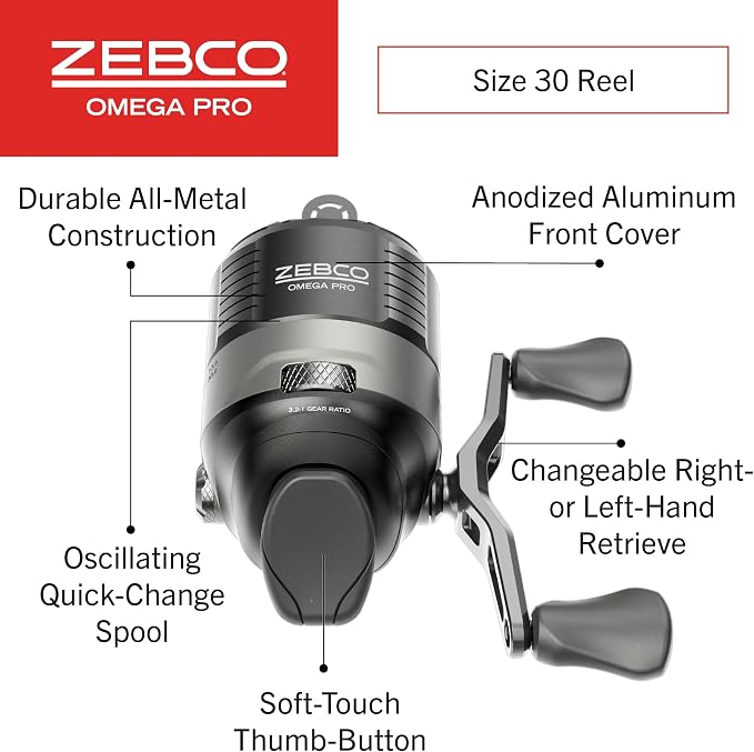Zebco Omega Pro Spincast Fishing Reel, Dual Ceramic Pick-up Pins, Solid-Brass Pinion Gear, GlideLine ll Line Retrieval System, Pre-Spooled