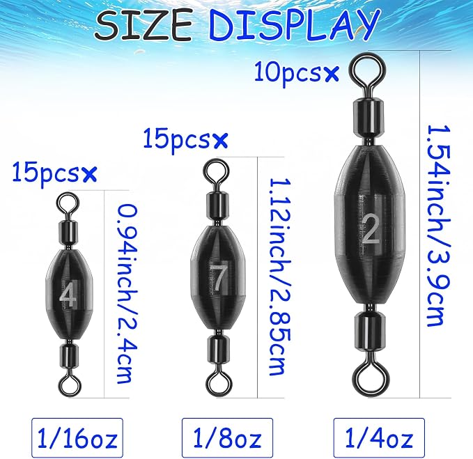 Fishing Weights Swivel Bullet Sinkers Brass Fishing Weights Saltwater Freshwater Bass Sinker Weight with Swivel Rolling 1/4oz, 1/8oz, 1/16oz，1/32oz, 3/8oz, 1/2oz