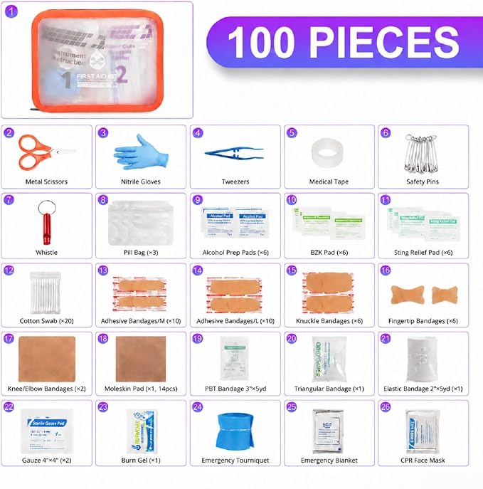 Mini First Aid Kit, 100 Pieces Small Waterproof Medical Bag - Waterproof Medical Kit for Travel, Home, Car, Camping, Hiking, Office, School, Emergency & Outdoor Survival