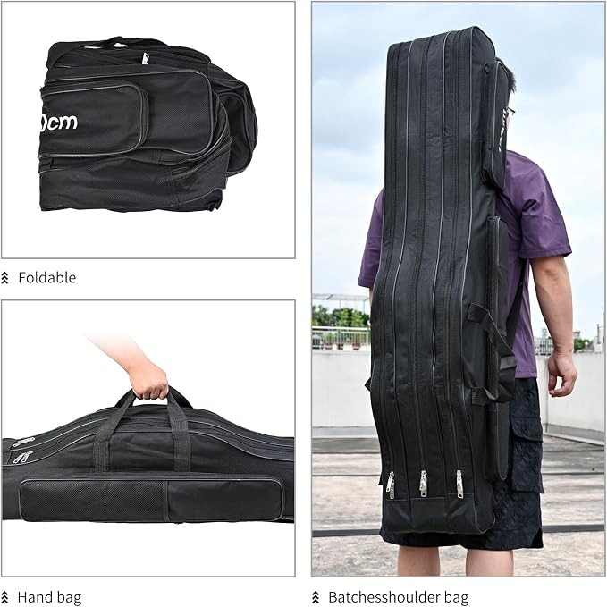 LEOFISHING Portable 3 Layers Fishing Pole Bag Durable Oxford Folding Fishing Rod Reel Carry Case Tackle Storage Bag Case Waterproof Camouflage Travel Fishing Carrier (Black, 150cm/59)
