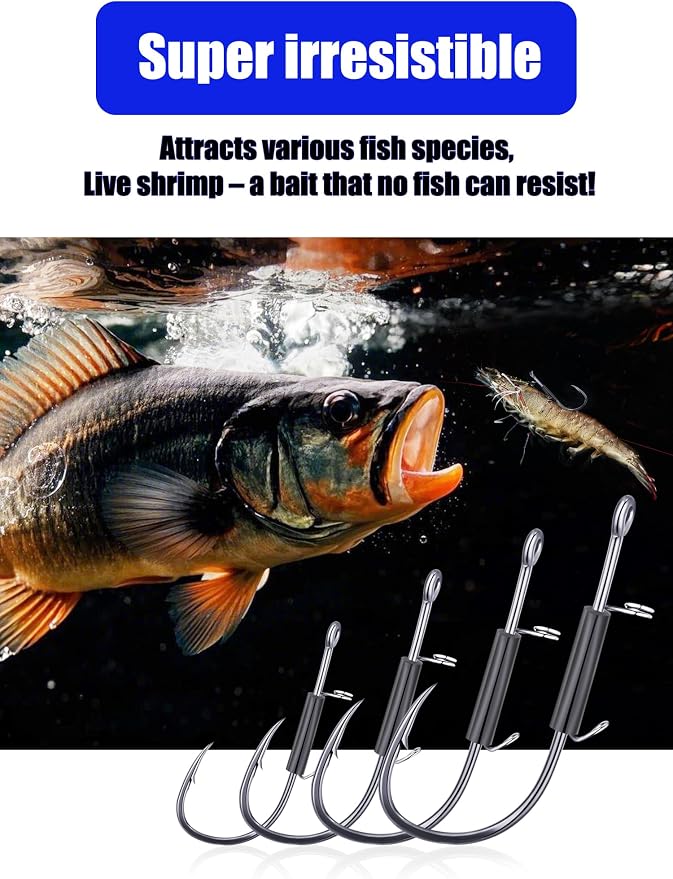 24Pcs Live Shrimp Hooks Saltwater Fishing Hooks - 3X Strength Stainless Steel Steel Wire Rig Accessories Ready to Use 2 Sizes Rubber Bands Freshwater