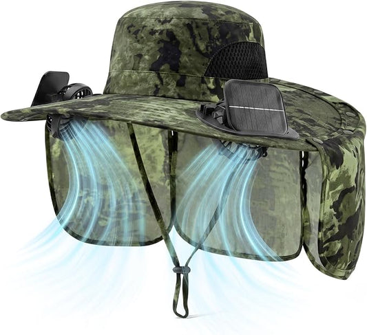 2 in 1 Wide Brim Sun Hat with 2 Solar Fans Sunshade UPF 50+ Garden Outdoor Fishing Beach Essential