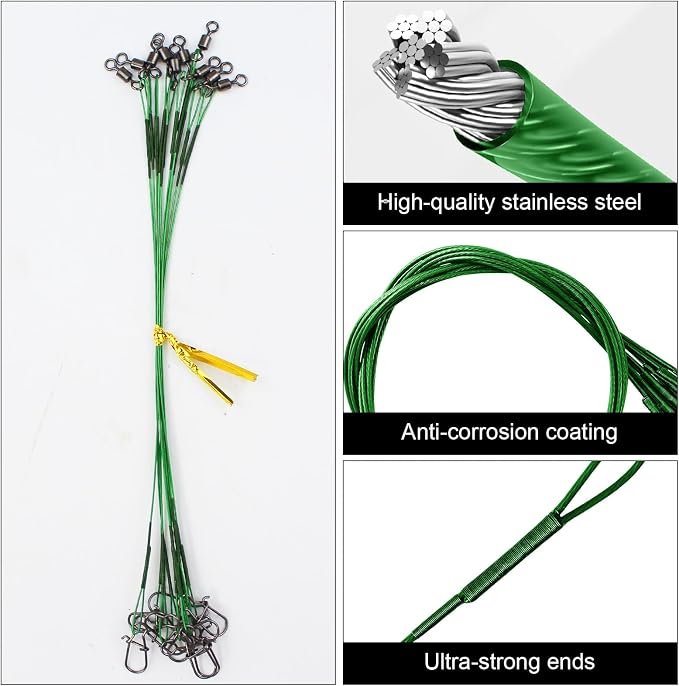 DONQL 50pcs Fishing Leaders, Stainless Steel Fishing Wire Traces Pike Fishing, 10/15/20/25/30cm Anti-Bite Fishing Wire Trace Leaders with Rolling Swivels and Snaps for Bait Rigs Saltwater
