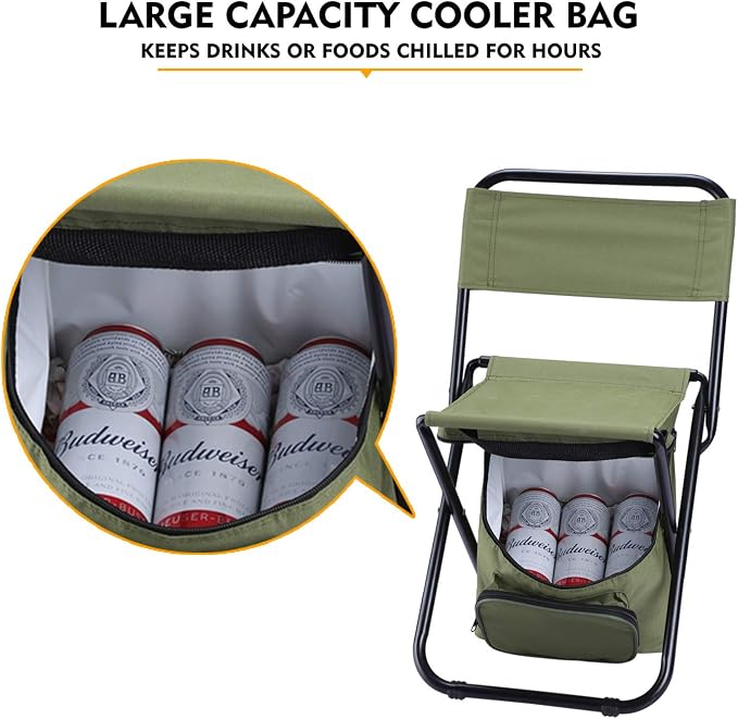 LEADALLWAY Fishing Chair with Cooler Bag Compact Fishing Stool Foldable Small Hunting Chair 12.2" Seat Depth,12.6" Seat Width