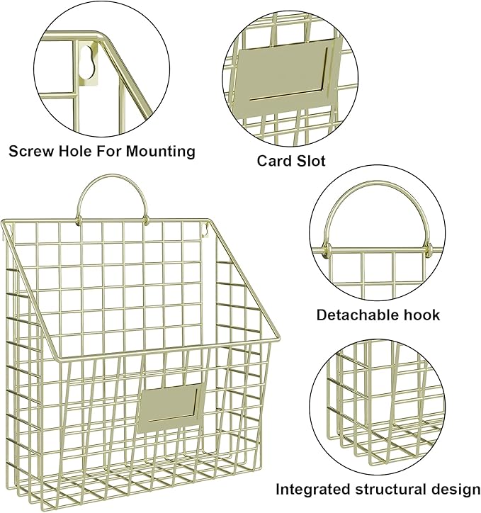 Wall File Organizer Mesh Hanging Wall Files Holder,Magazine Rack and Mail Basket with Hooks, Office Wall Organizer for Papers Folders Files Clipboard 4 Packs, Gold(Patent Pending)