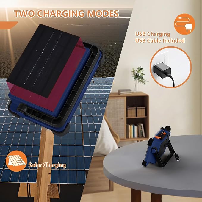 120W Solar Rechargeable Work Light, 144 LED Portable Flood Light with Stand, IP66 Waterproof 4 Modes LED Job Site Lighting Flashlights for Mechanic Camping Fishing Car Repair(Blue 1 Pack)
