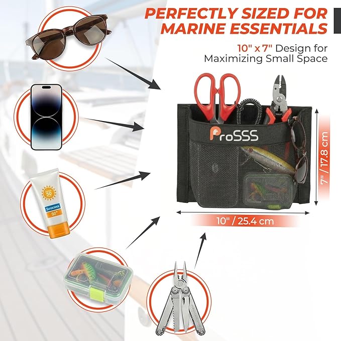 4PC Boat 10"*7" Self-Adhesive Storage Mesh Bag,Marine Organizer for Tools & Boat Accessories,Waterproof Strong Adhesive Backing, Easy to Install & Remove,Keep Your Boat Tidy and Items Secure