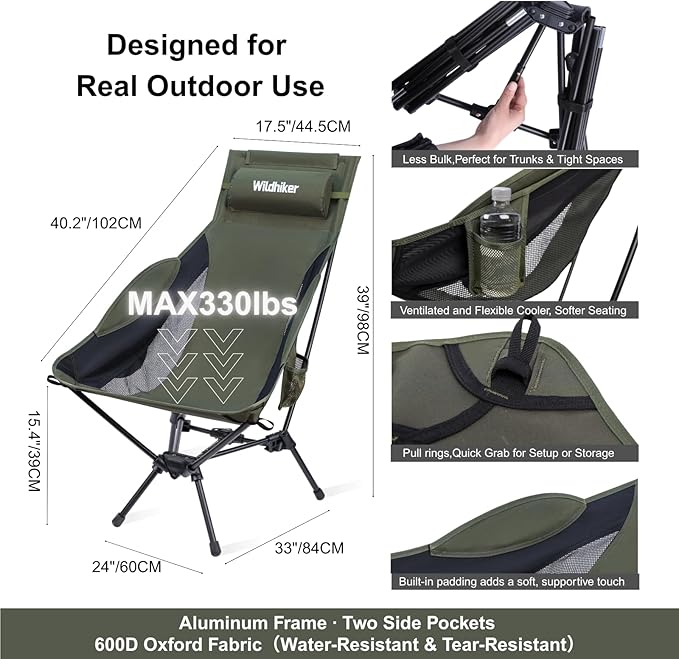 Wildhiker Portable Compact Folding Camping Chairs – Lightweight High Back with Pillow, Deep Recline, ArmPads, Side Pockets-for Motorcycle, RV, Backpacking, Travel, Festival – Black