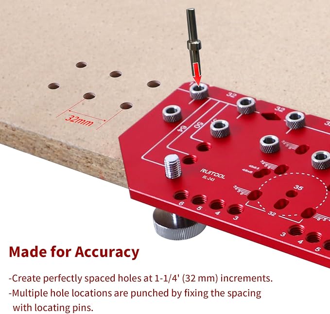 RUITOOL Shelf Pin Jig and Hinge Jig Two-in-One, Self-contained Clamping Function All Metal Shelf Pin Drilling Jig with 1/4" and 5mm Drill Bits, Shelf Jig and Cabinet Hardware Jig Tool Drill Guide