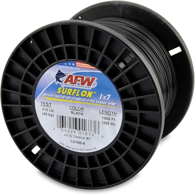 American Fishing Wire Surflon Nylon Coated 1x7 Stainless Steel Wire Leader - Wire Fishing Leader Line for Saltwater 10lb Up To 250lb Test in Bright, Black, Camo in 30ft, 100ft, 300ft, & 1000ft Lengths