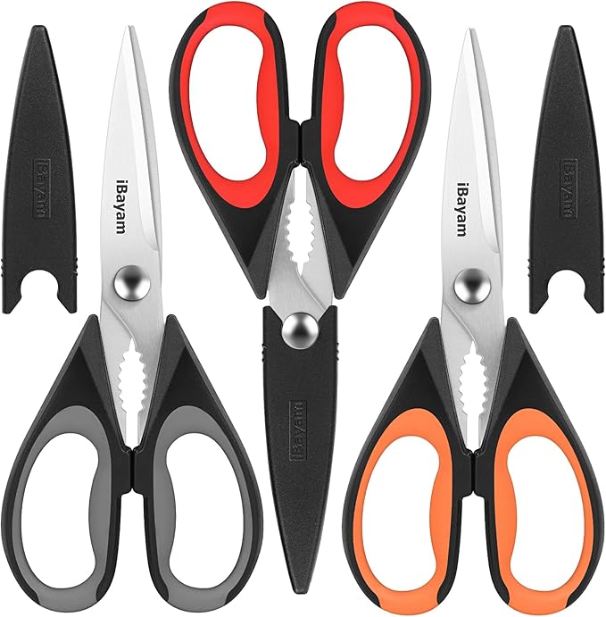 iBayam 3-Pack 8.5"Kitchen Scissors All Purpose Heavy Duty with Protective Sheath, Soft Comfort Grip Handle, Dishwasher Safe Kitchen Utensils Gadgets Set, Stainless Cooking Meat Poultry Food Shears