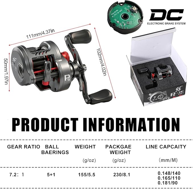 Sougayilang Round Baitcasting Reel, Digital Control Braking with Real-Time Acoustic Feedback, 7.2:1 Gear Ratio DC Reel for Bass, Catfish and Salmon, Ideal Fishing Reels for Beginners