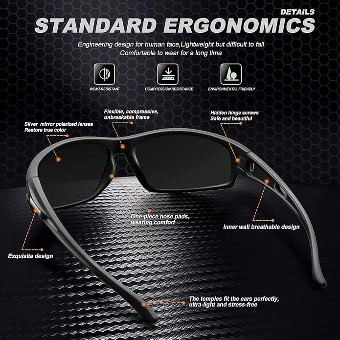 Polarized Sports Sunglasses for Men 100% UV Protection Wrap Around Unbreakable Sun Glasses for Fishing Driving