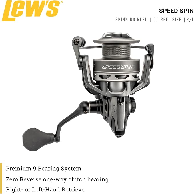 Lew’s Speed Spin Spinning Fishing Reel, Size 75 Reel, 8+1 Bearings, 5.2:1 Gear Ratio, Graphite Frame and Sideplate, Solid Brass Speed Gears